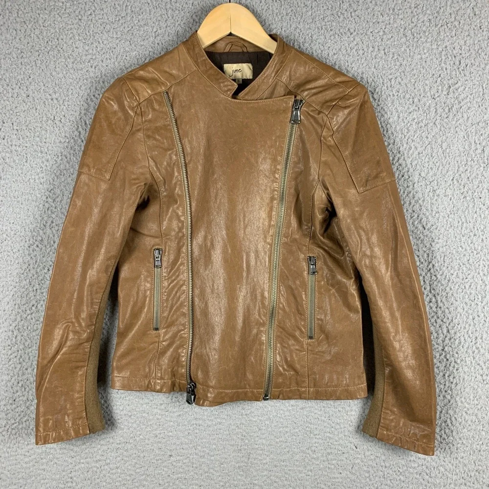 June Moto Jacket Women Small‎ Leather Brown Anthropologie
